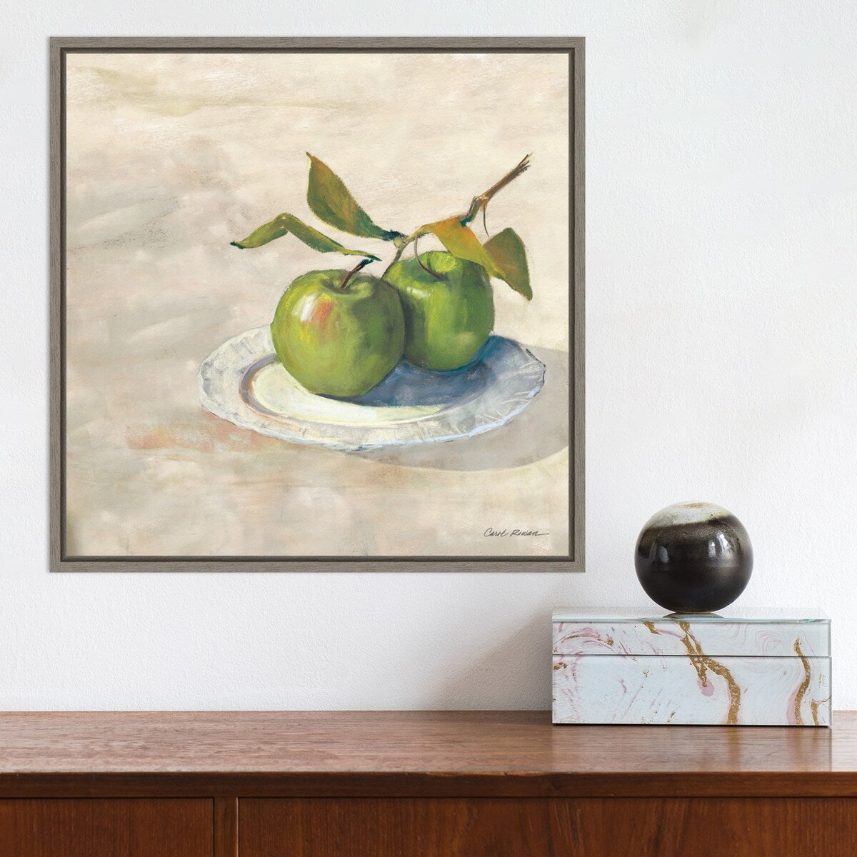 Green Apple I Neutral by Carol Rowan (16 x 16 in.), Framed Canvas Wall Art Print - Sylvie Greywash