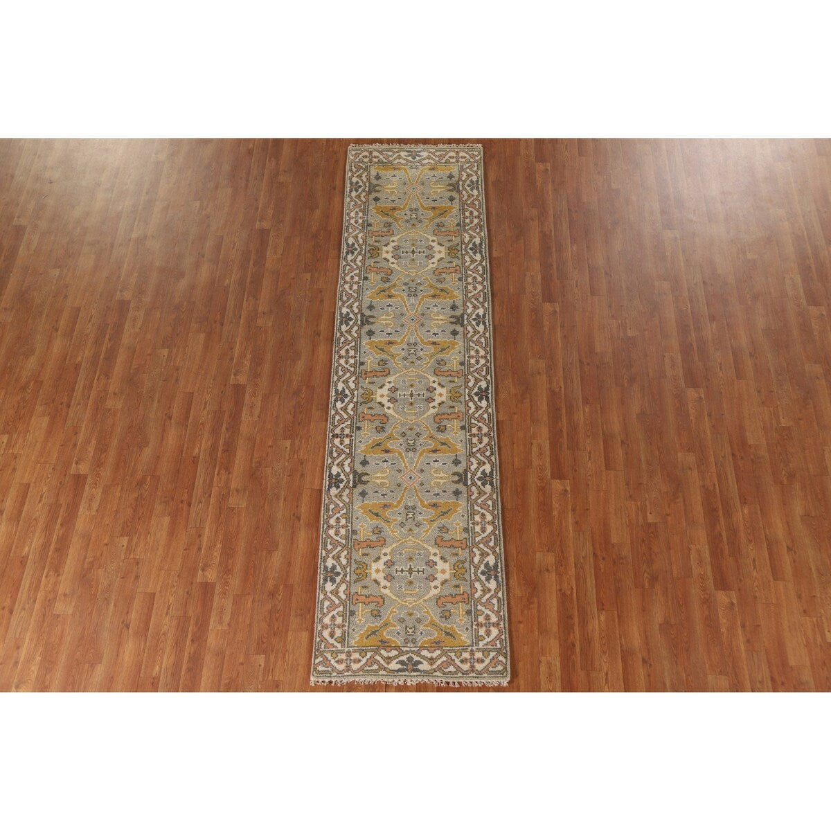 Green Floral Oushak Oriental Runner Rug Handmade Wool Carpet - 2'7"x 9'11"