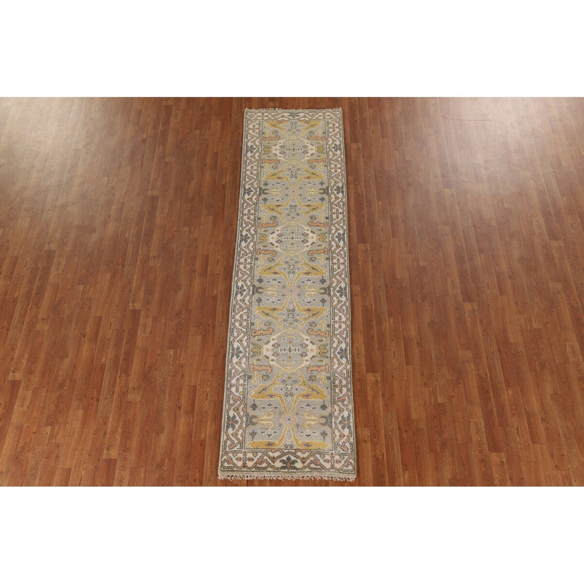 Green Floral Oushak Oriental Runner Rug Handmade Wool Carpet - 2'7"x 9'11"