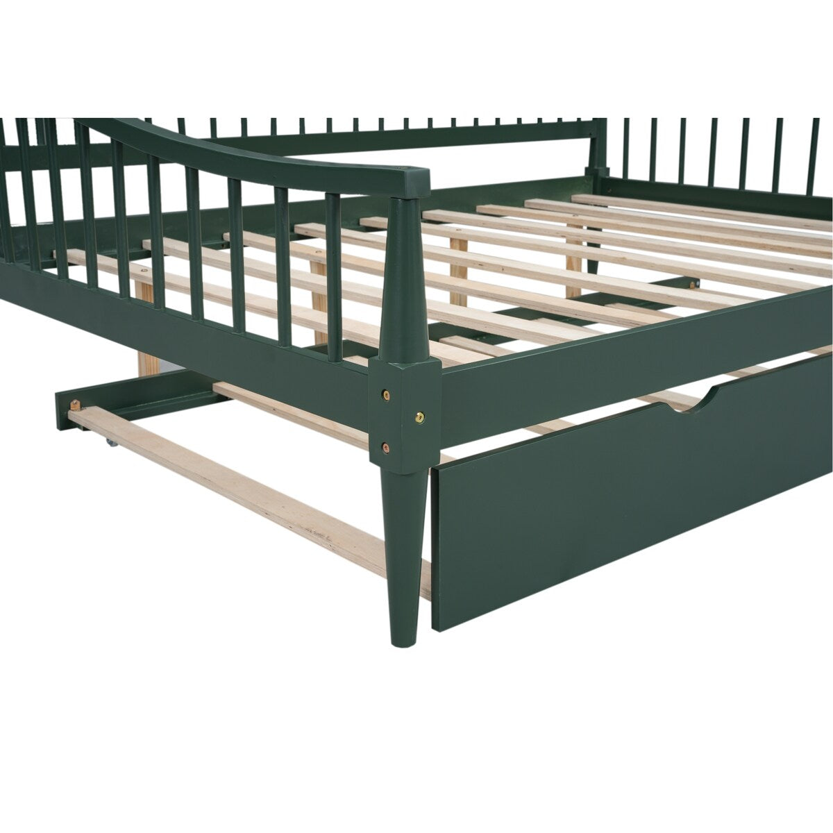 Green Full Size Pine Wood Daybed Frame with Trundle, Slatted Back and Armrests, Support Legs