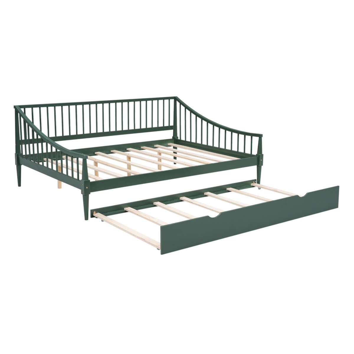 Green Full Size Pine Wood Daybed Frame with Trundle, Slatted Back and Armrests, Support Legs