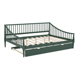 Green Full Size Pine Wood Daybed Frame with Trundle, Slatted Back and Armrests, Support Legs