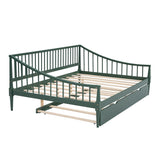 Green Full Size Pine Wood Daybed Frame with Trundle, Slatted Back and Armrests, Support Legs
