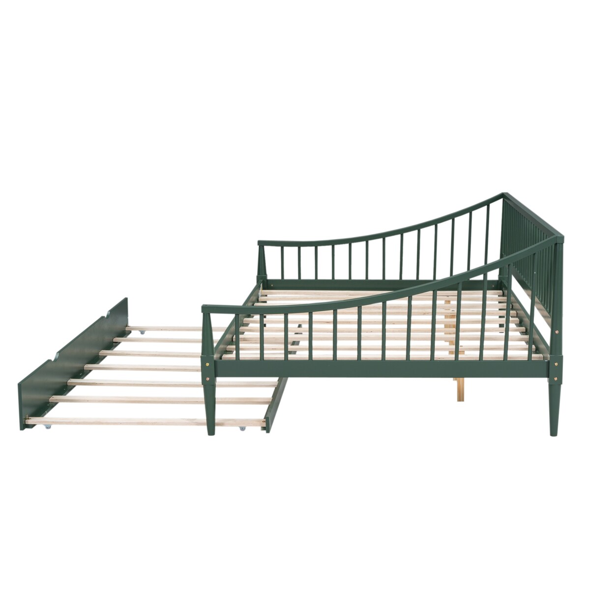 Green Full Size Pine Wood Daybed Frame with Trundle, Slatted Back and Armrests, Support Legs