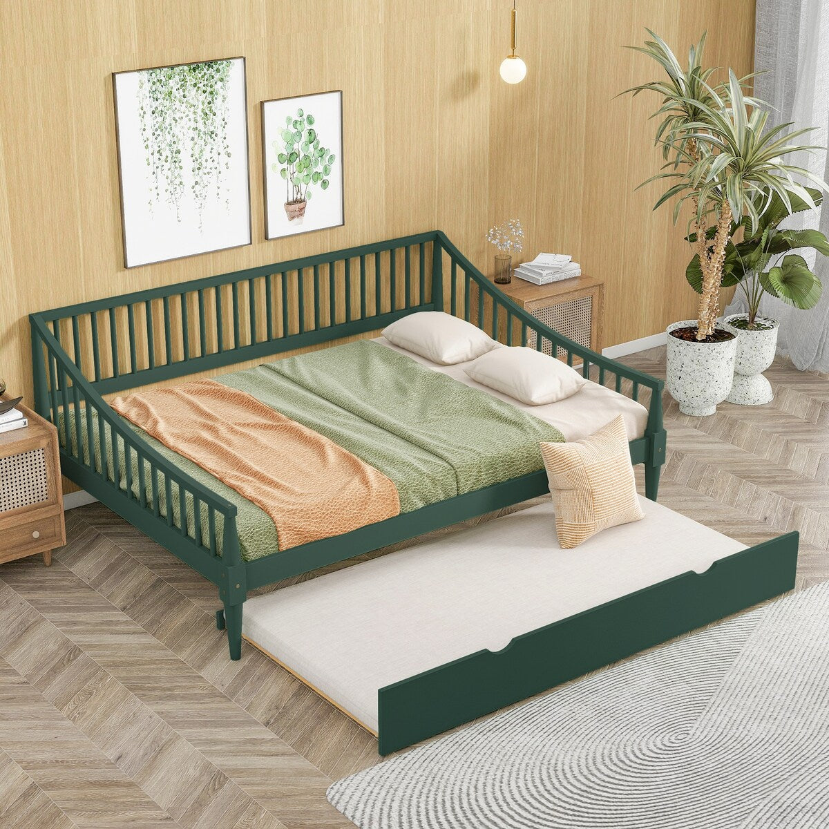 Green Full Size Pine Wood Daybed Frame with Trundle, Slatted Back and Armrests, Support Legs
