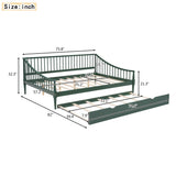 Green Full Size Pine Wood Daybed Frame with Trundle, Slatted Back and Armrests, Support Legs