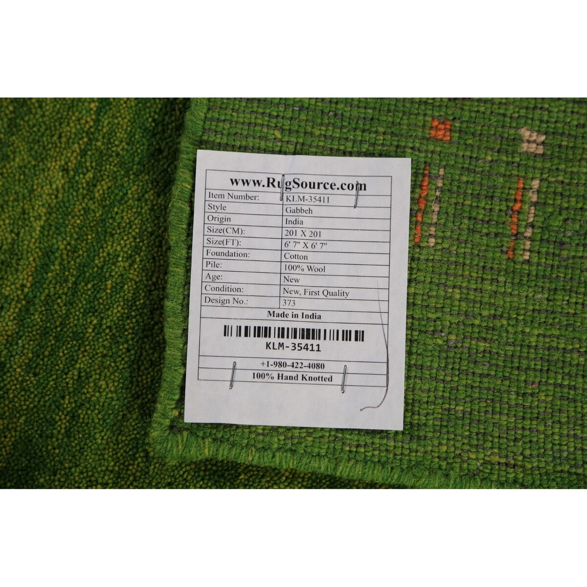 Green Gabbeh Oriental Square Area Rug Hand-Knotted Wool Carpet - 6'7"x 6'7"