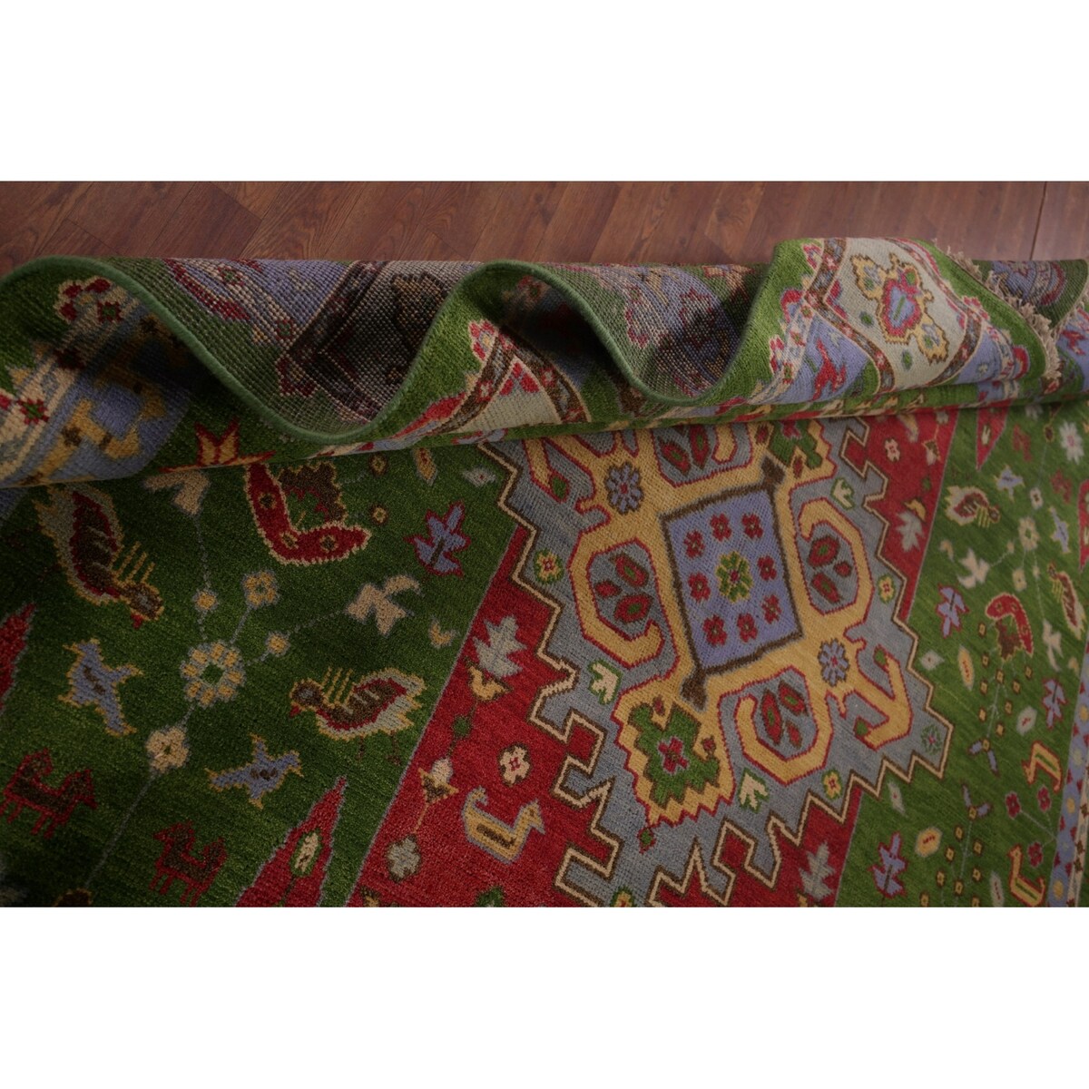 Green Geometric Kazak Oriental Area Rug Handmade Wool Carpet - 8'10"x 11'9"
