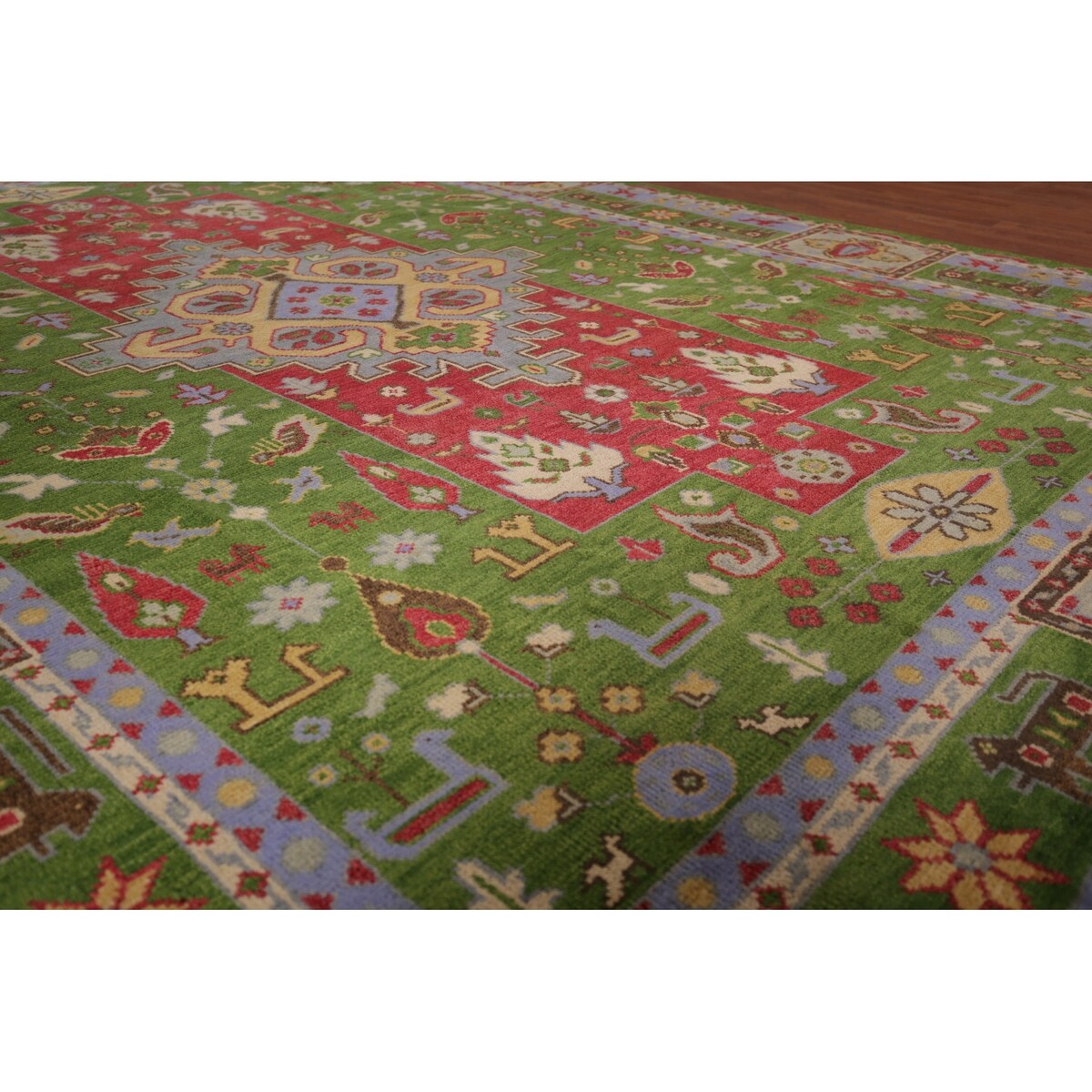 Green Geometric Kazak Oriental Area Rug Handmade Wool Carpet - 8'10"x 11'9"