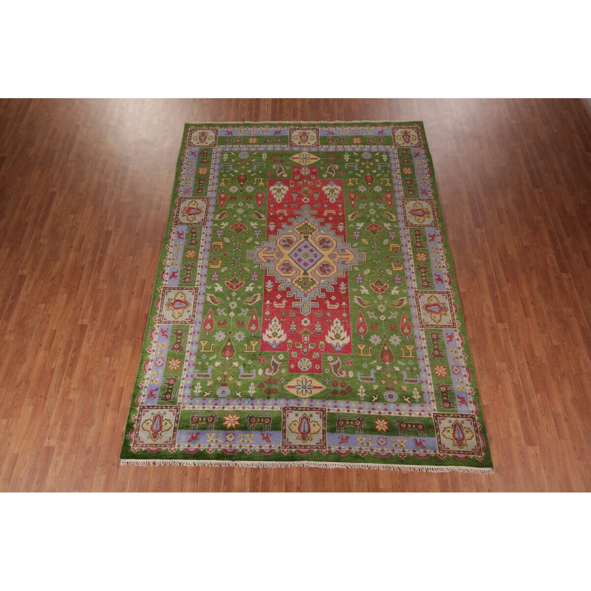 Green Geometric Kazak Oriental Area Rug Handmade Wool Carpet - 8'10"x 11'9"