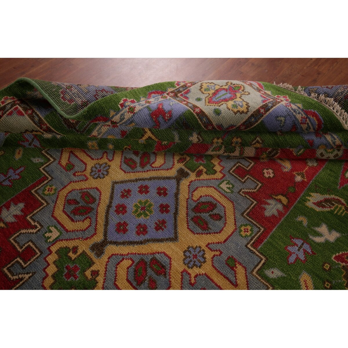Green Geometric Kazak Oriental Area Rug Handmade Wool Carpet - 8'10"x 11'9"