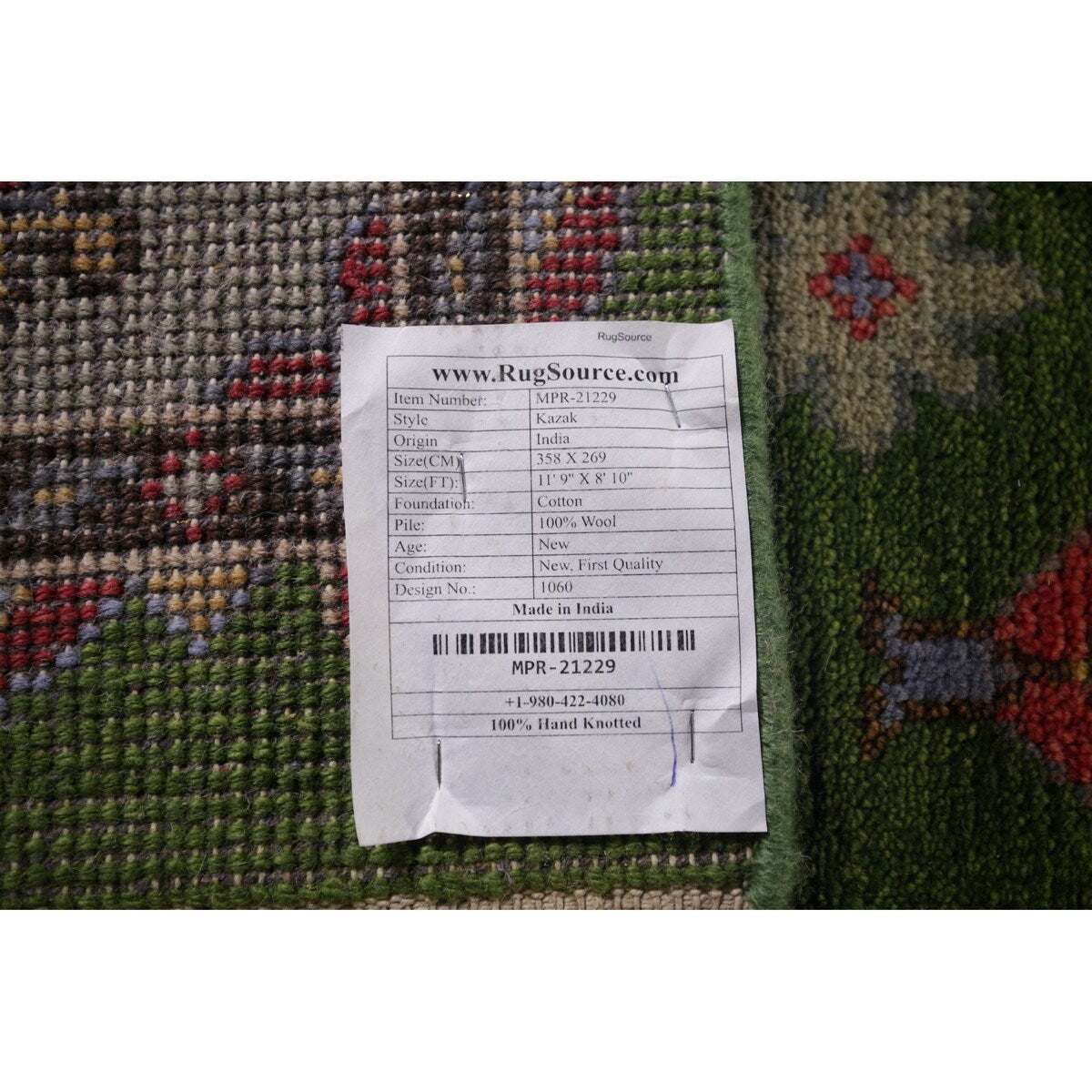 Green Geometric Kazak Oriental Area Rug Handmade Wool Carpet - 8'10"x 11'9"