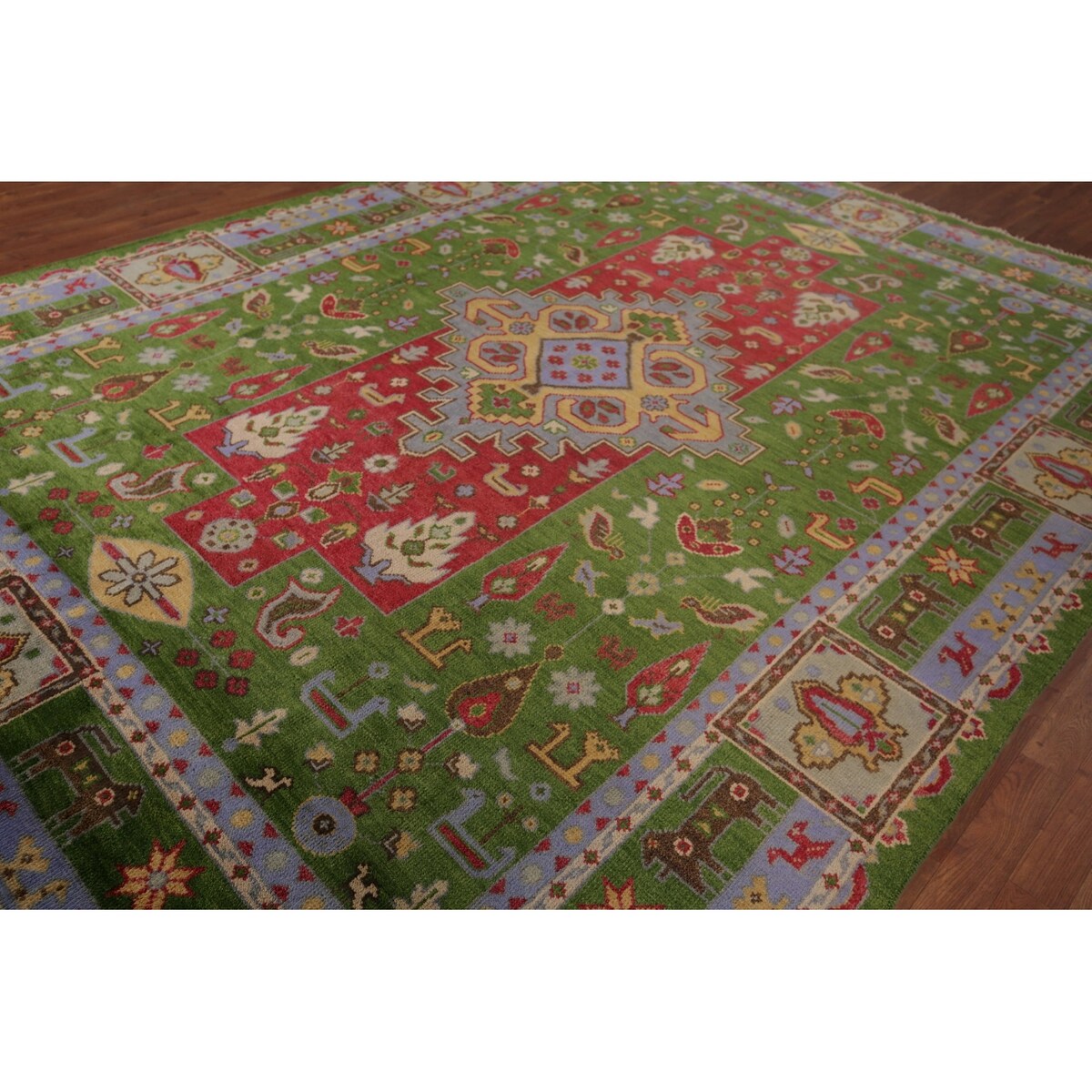 Green Geometric Kazak Oriental Area Rug Handmade Wool Carpet - 8'10"x 11'9"