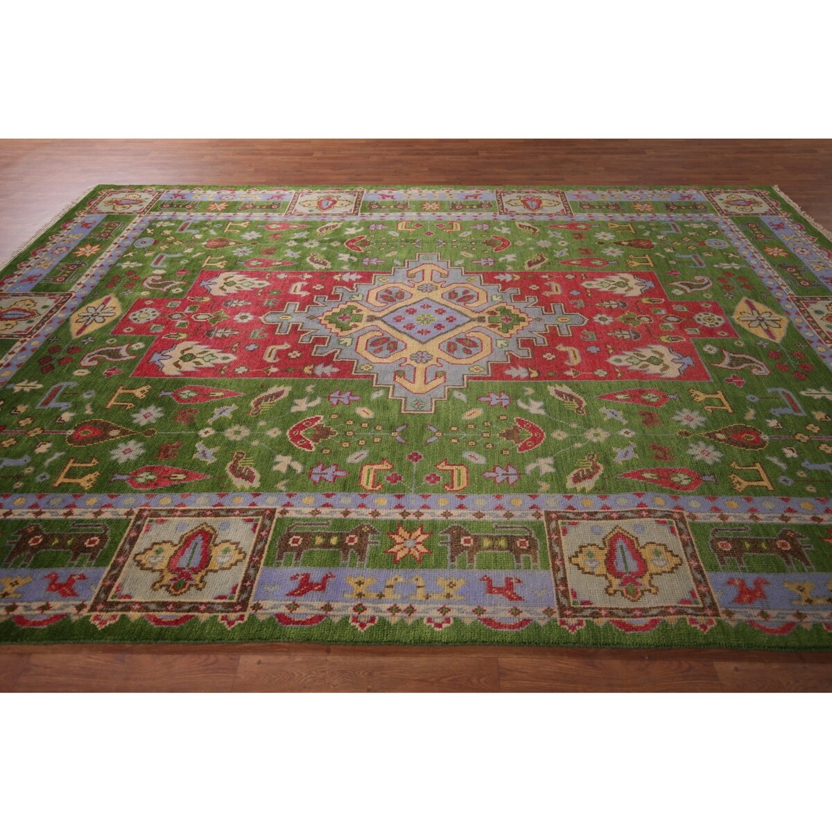 Green Geometric Kazak Oriental Area Rug Handmade Wool Carpet - 8'10"x 11'9"