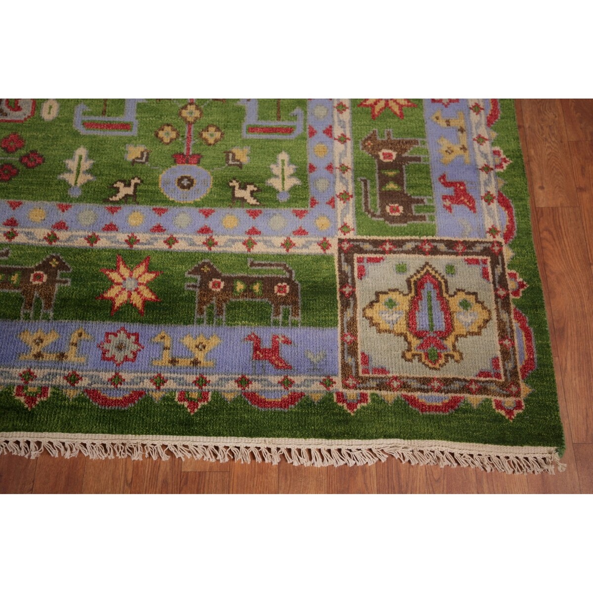 Green Geometric Kazak Oriental Area Rug Handmade Wool Carpet - 8'10"x 11'9"