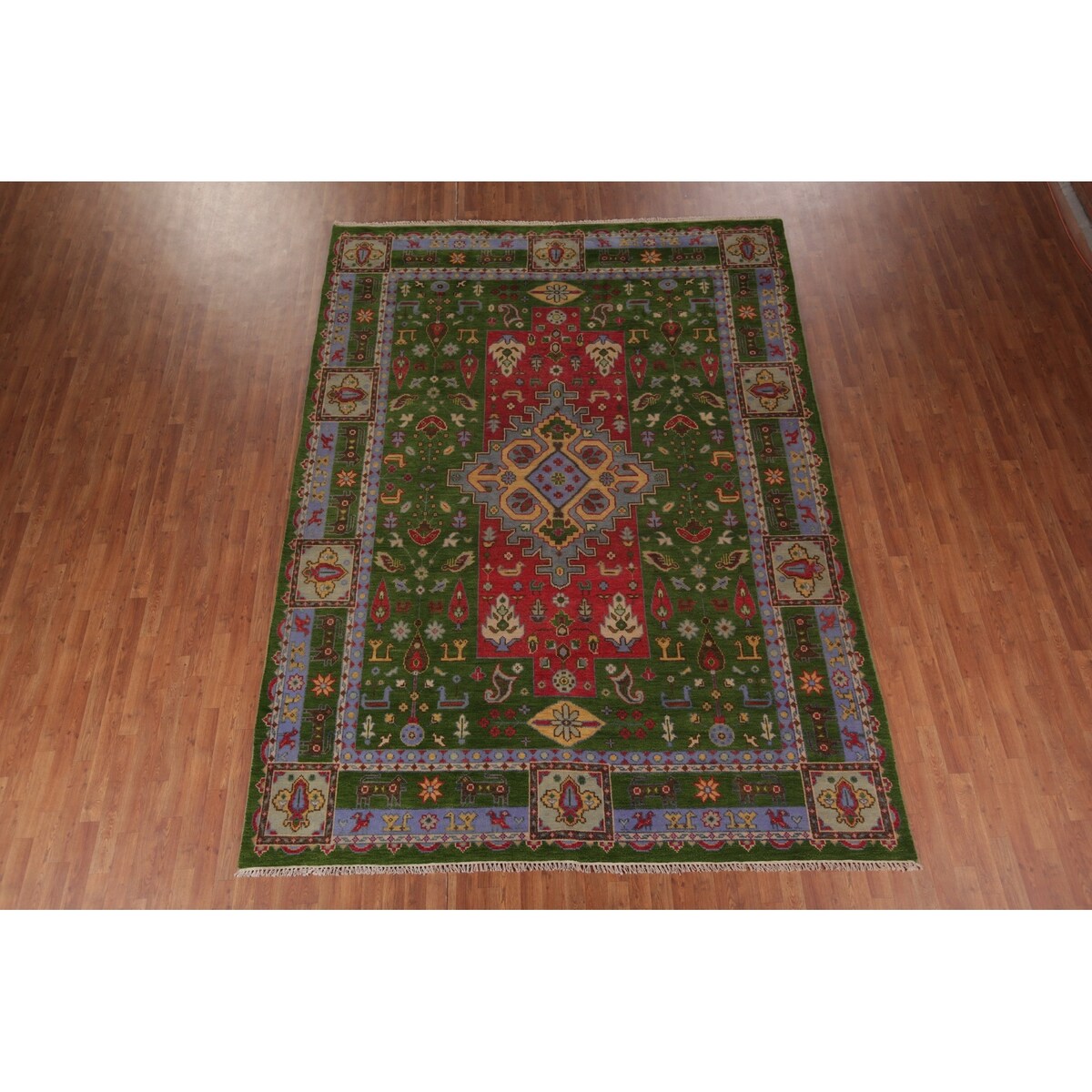 Green Geometric Kazak Oriental Area Rug Handmade Wool Carpet - 8'10"x 11'9"
