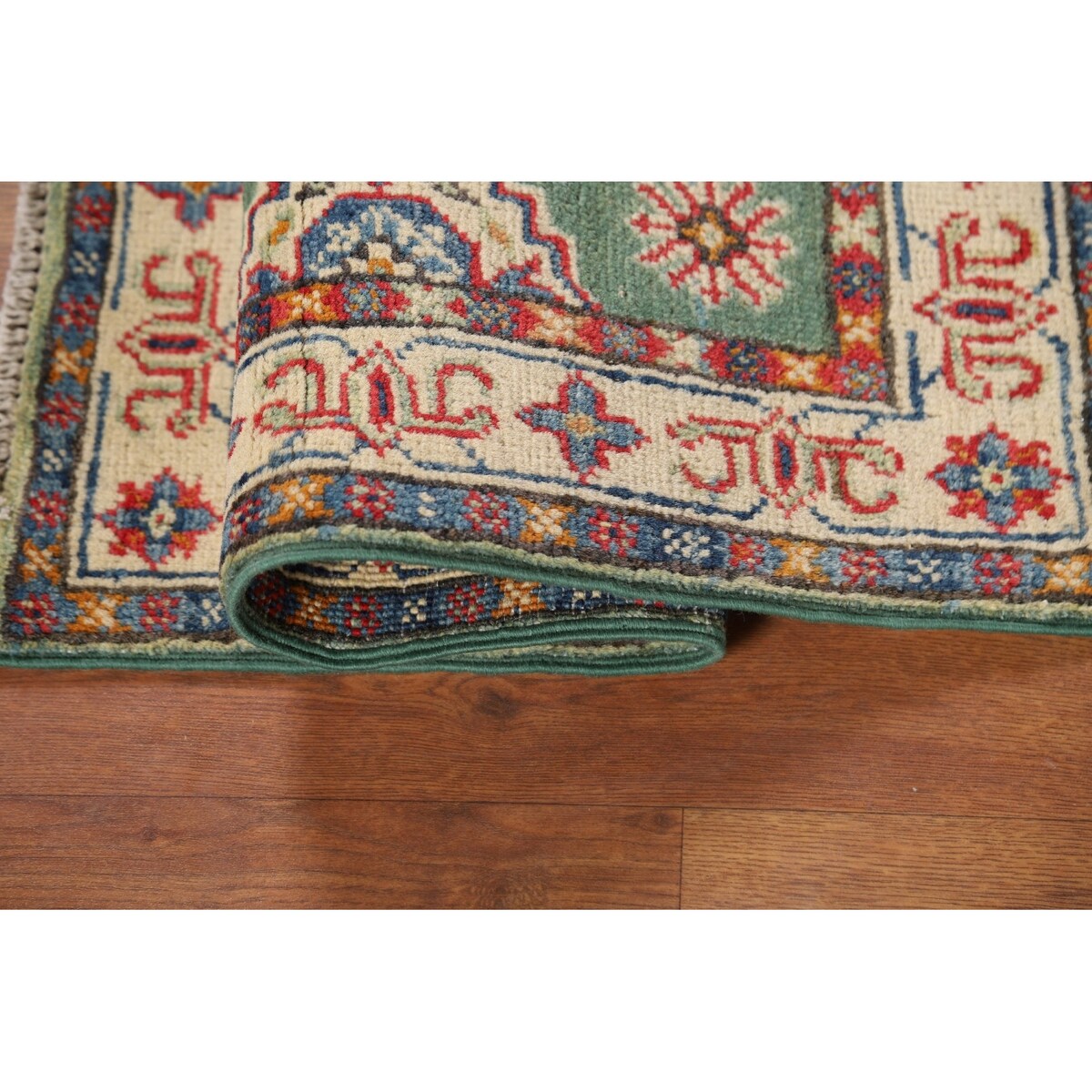 Green Geometric Kazak Oriental Foyer Rug Handmade Wool Carpet - 2'0" x 3'0"