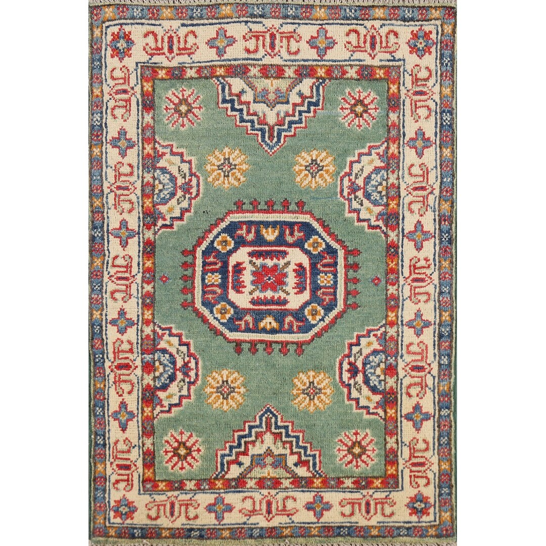 Green Geometric Kazak Oriental Foyer Rug Handmade Wool Carpet - 2'0" x