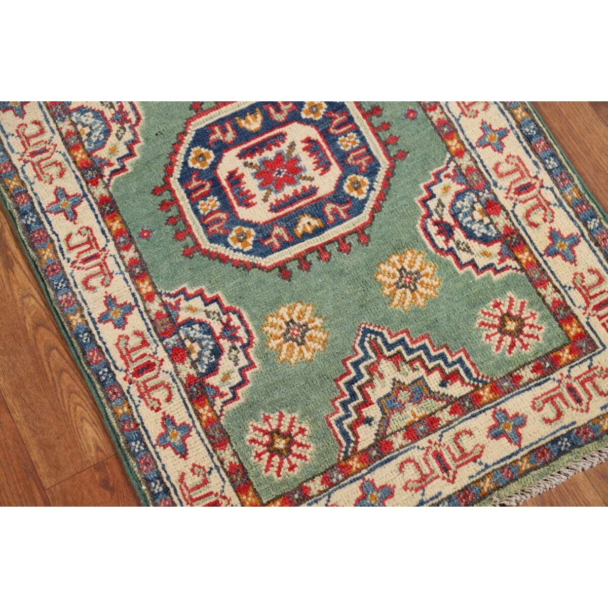 Green Geometric Kazak Oriental Foyer Rug Handmade Wool Carpet - 2'0" x 3'0"