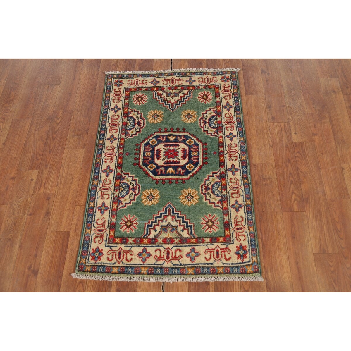 Green Geometric Kazak Oriental Foyer Rug Handmade Wool Carpet - 2'0" x 3'0"