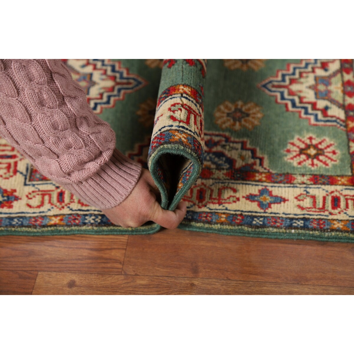 Green Geometric Kazak Oriental Foyer Rug Handmade Wool Carpet - 2'0" x 3'0"