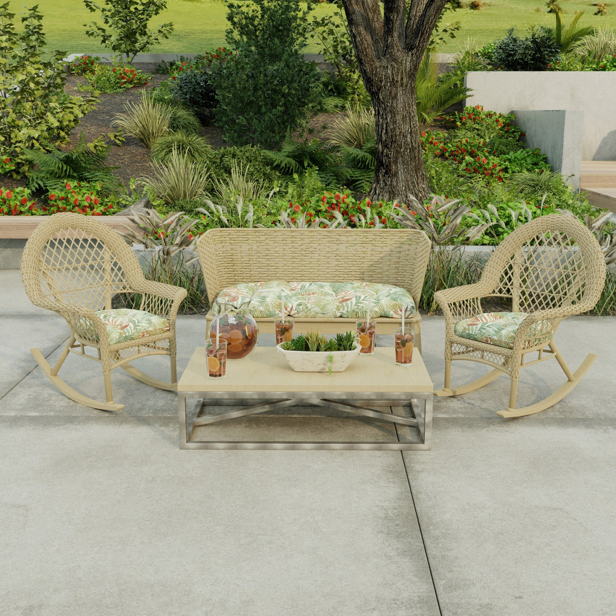 Green Leaves Outdoor Wicker Cushion Set for Bench and 2 Seats - 18'' L