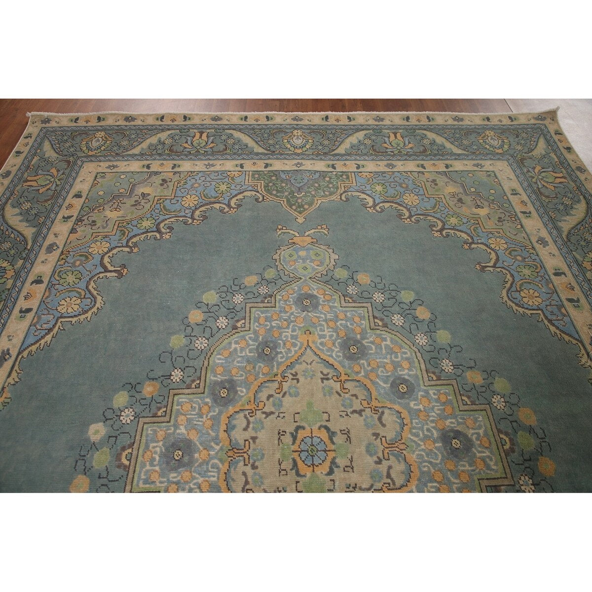 Green Tabriz Persian Vintage Area Rug Handmade Wool Carpet - 8'1" x 11'1"