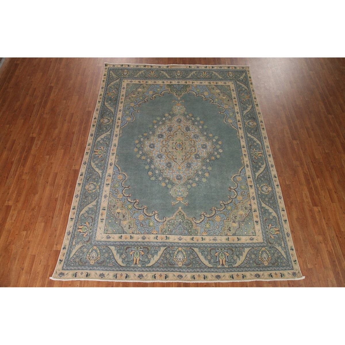 Green Tabriz Persian Vintage Area Rug Handmade Wool Carpet - 8'1" x 11'1"