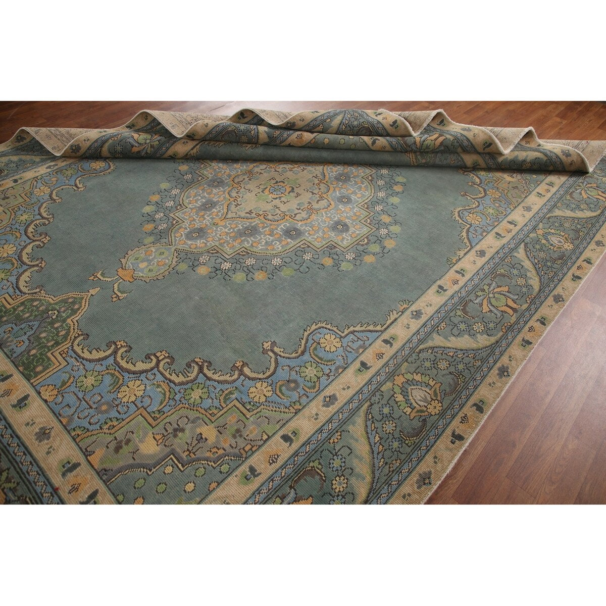 Green Tabriz Persian Vintage Area Rug Handmade Wool Carpet - 8'1" x 11'1"
