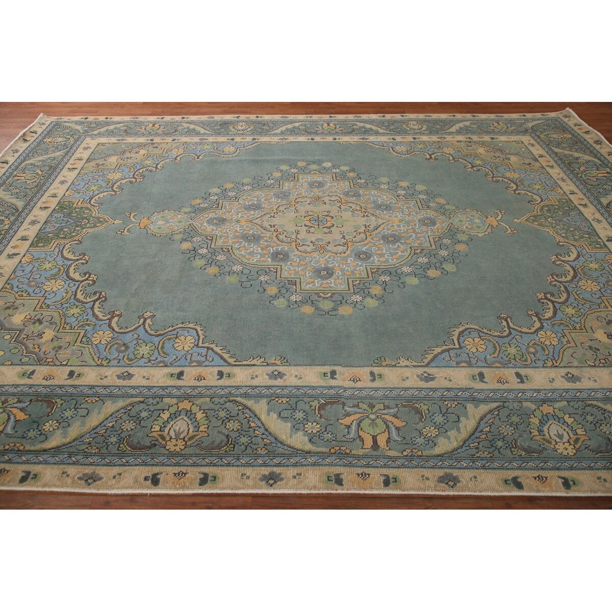 Green Tabriz Persian Vintage Area Rug Handmade Wool Carpet - 8'1" x 11'1"