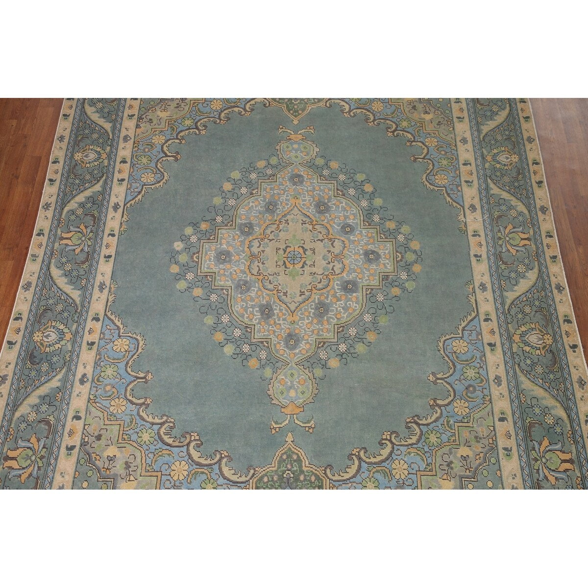 Green Tabriz Persian Vintage Area Rug Handmade Wool Carpet - 8'1" x 11'1"
