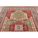 Green & Red Kazak Area Rug Hand-Knotted Wool Carpet - 6'7" x 9'7"