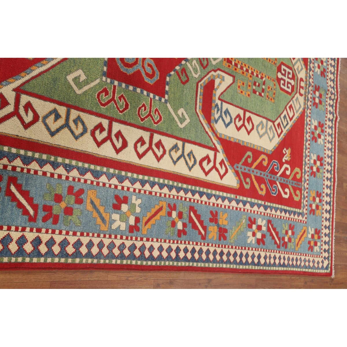 Green & Red Kazak Area Rug Hand-Knotted Wool Carpet - 6'7" x 9'7"