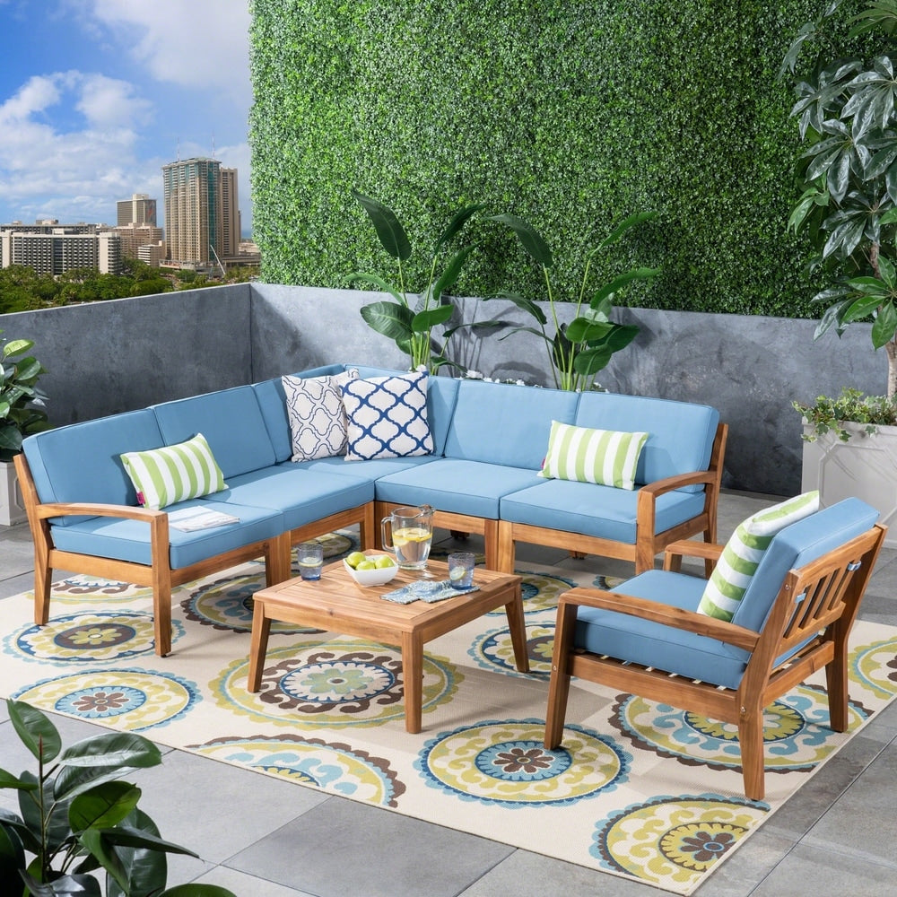 Grenada Outdoor Acacia Sectional Sofa and Table Set by Christopher Knight Home