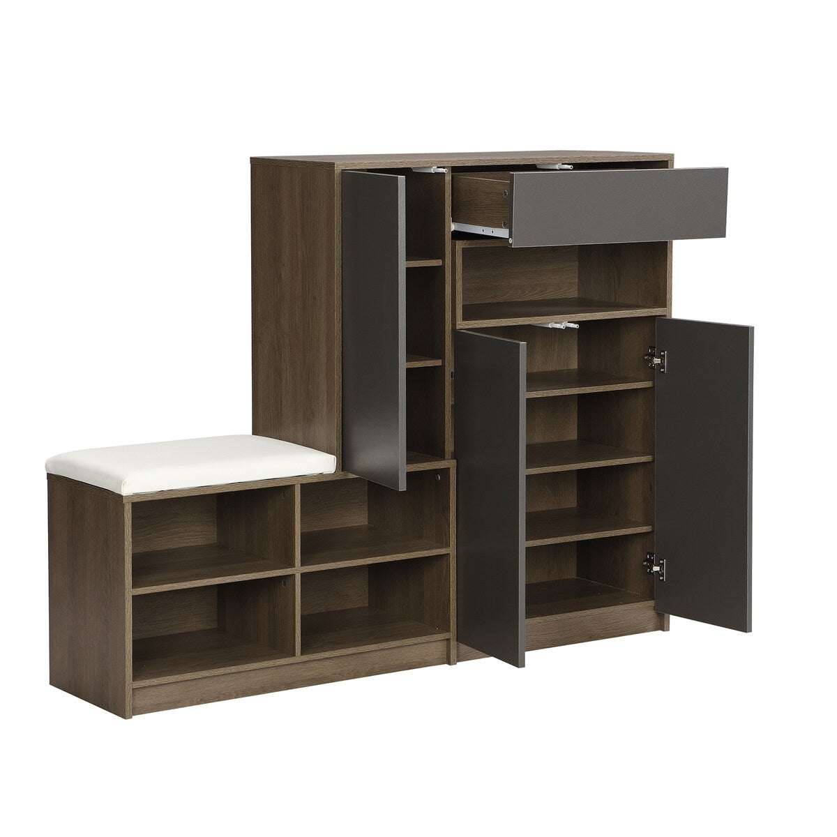 Grey 2-in-1 Shoe Storage Bench & Shoe Cabinets with Padded Seat and Adjustable Shelves - 13.7"W x 55.1"H x 55.1"D
