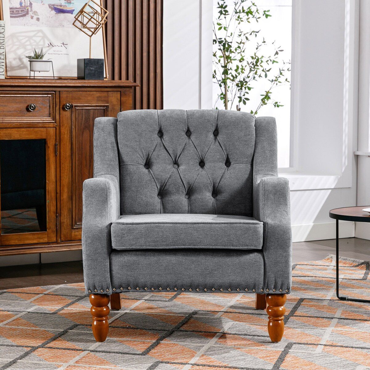 Grey Accent Chair with Button Tufted Back Suitable for Living Room Be