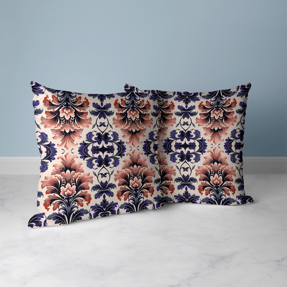 Grey And Blue Damask Rapture Indoor/Outdoor Throw Pillow Zipper