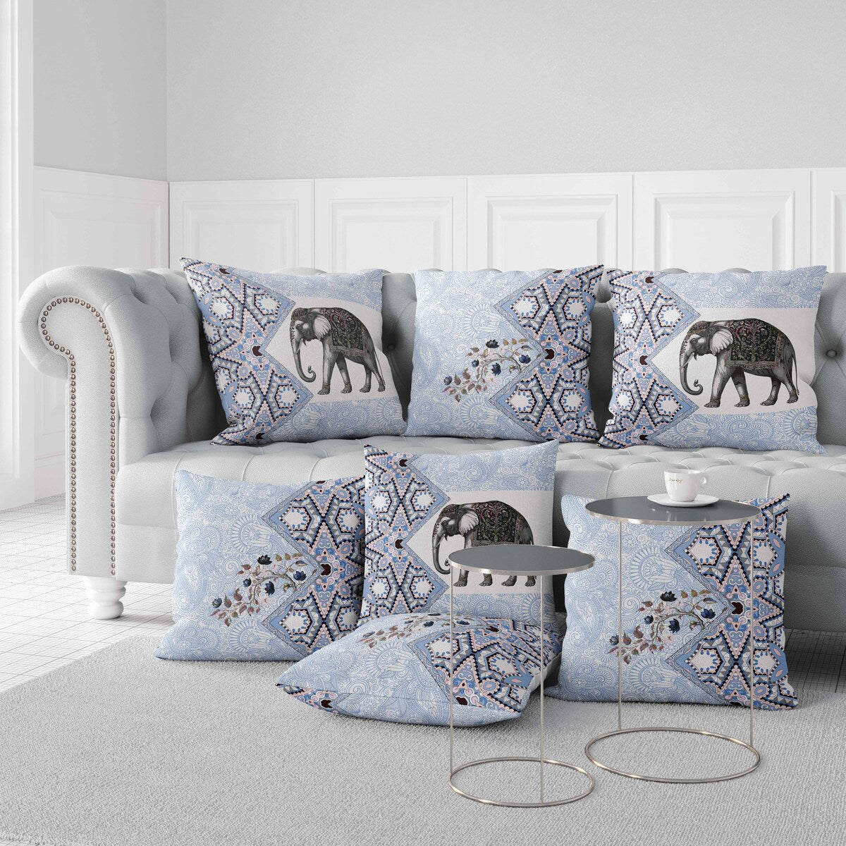 Grey And Blue Floraphant Indoor/Outdoor Throw Pillow