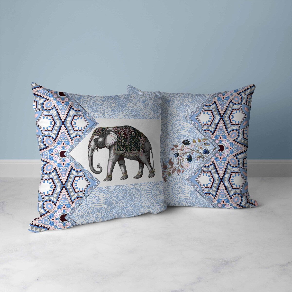 Grey And Blue Floraphant Indoor/Outdoor Throw Pillow