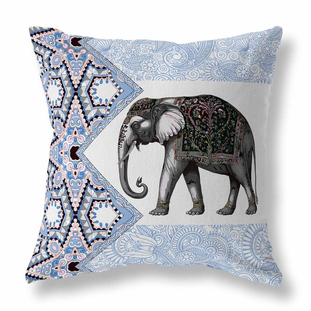 Grey And Blue Floraphant Indoor/Outdoor Throw Pillow