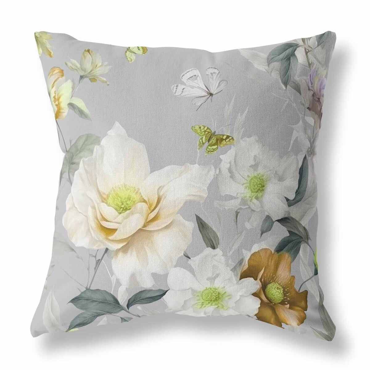 Grey And Gold Leafy Lepidoptera Medley Faux Suede Throw Pillow Zipper