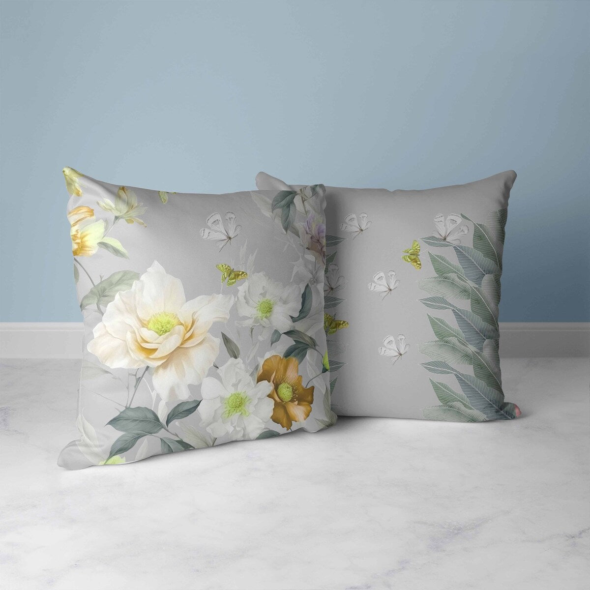 Grey And Gold Leafy Lepidoptera Medley Faux Suede Throw Pillow Zipper