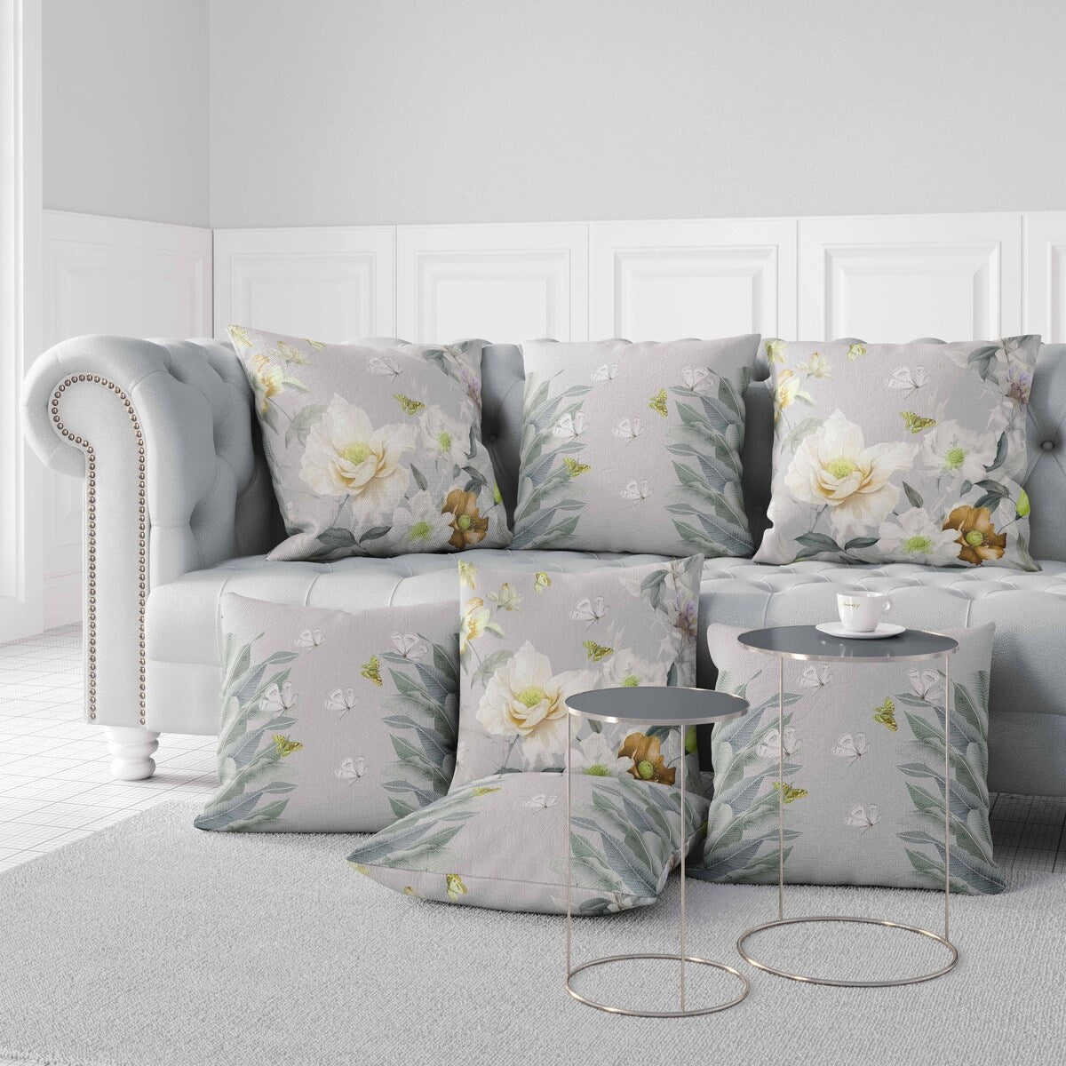 Grey And Gold Leafy Lepidoptera Medley Faux Suede Throw Pillow Zipper