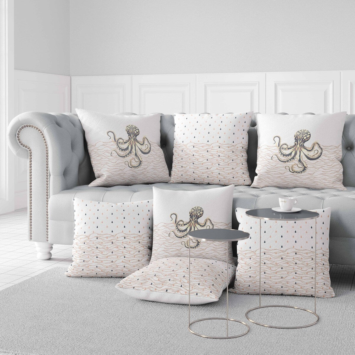 Grey And Ivory Oceanic Octo Art Indoor/Outdoor Throw Pillow
