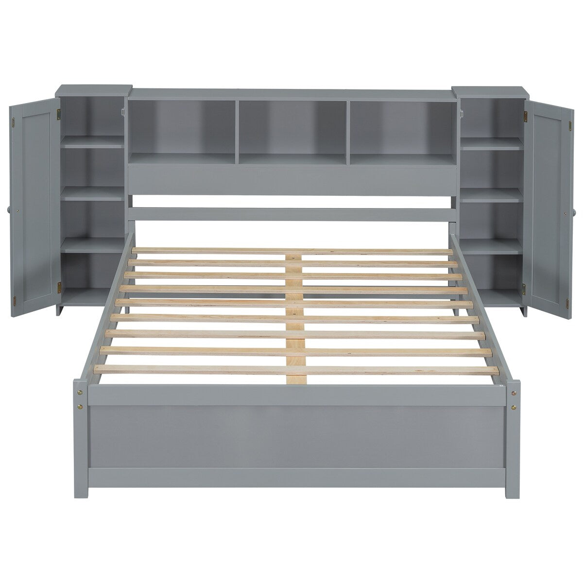 Grey Bedroom Full Platform Bed with Storage Headboard and Two Side Lockers