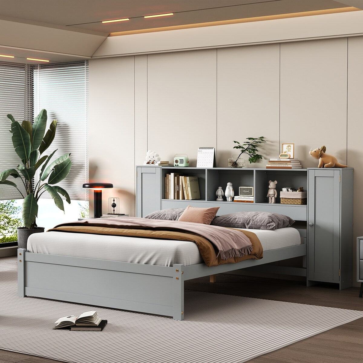 Grey Bedroom Full Platform Bed with Storage Headboard and Two Side Lockers