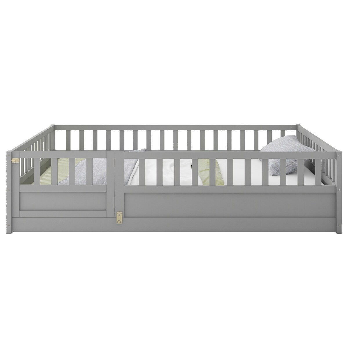 Grey Full Size Montessori Floor Bed with High Security Barrier and Door