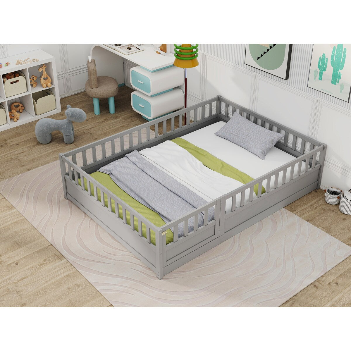 Grey Full Size Montessori Floor Bed with High Security Barrier and Door