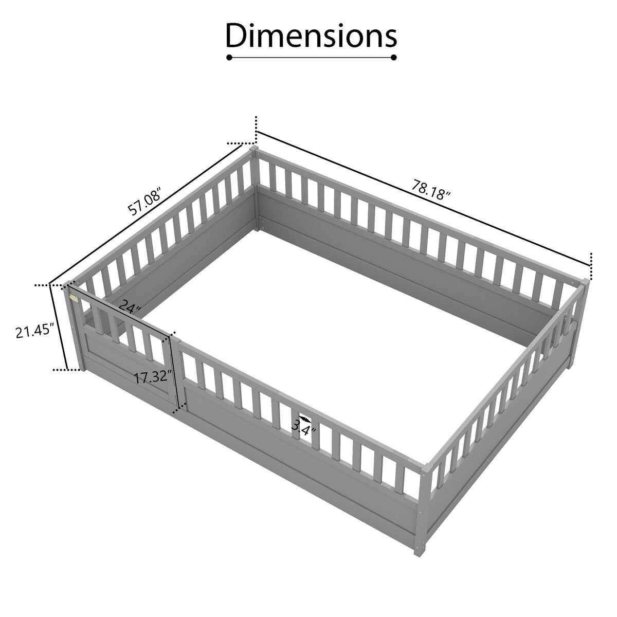 Grey Full Size Montessori Floor Bed with High Security Barrier and Door