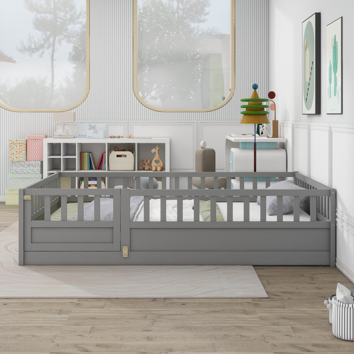 Grey Full Size Montessori Floor Bed with High Security Barrier and Door